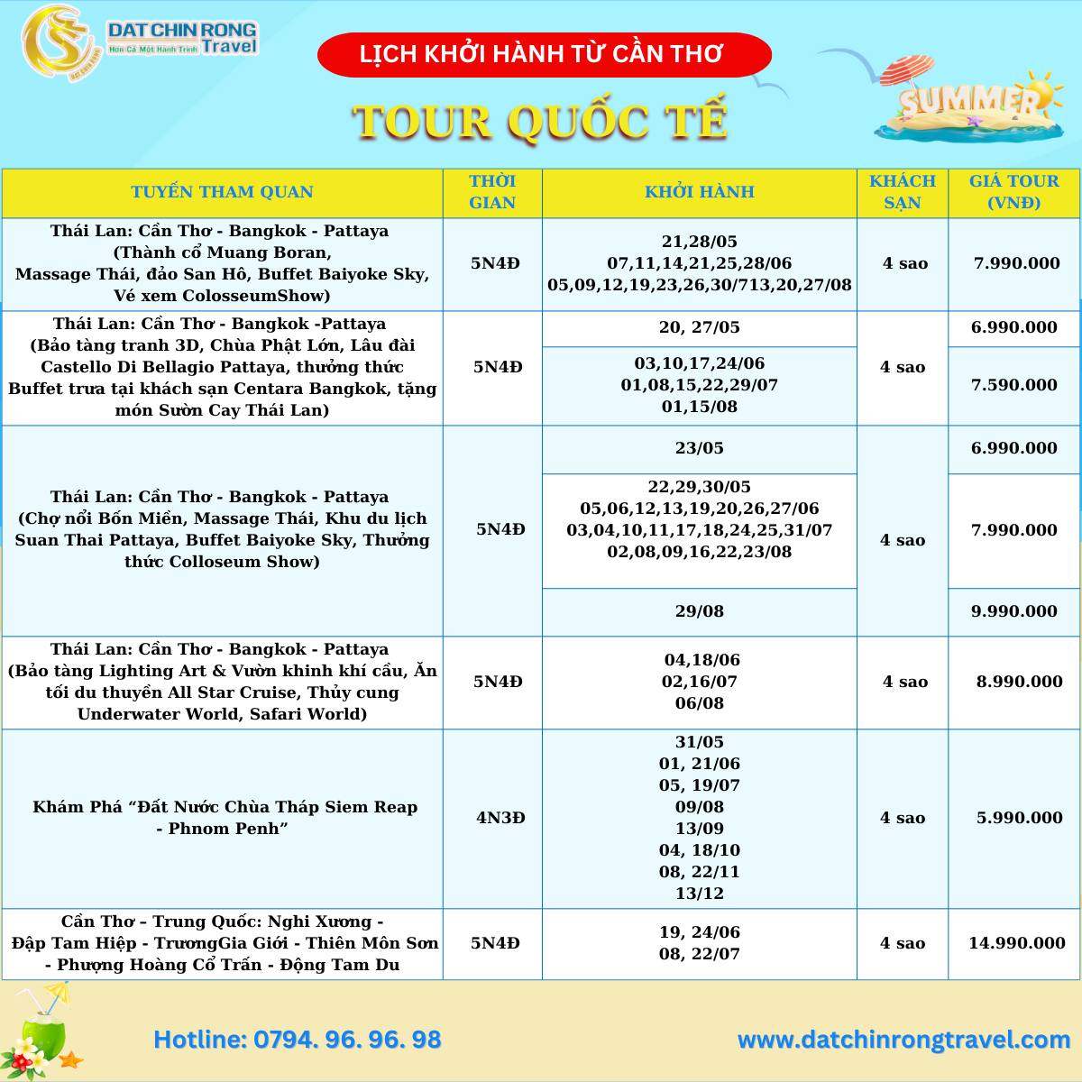 Lịch khởi hành tour mùa hè 2025