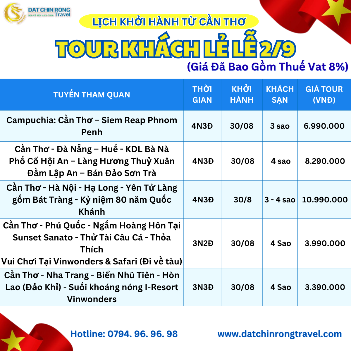 Lịch khởi hành từ cần thơ lễ 2/9