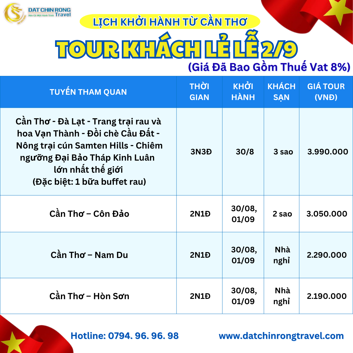 Lịch khởi hành từ cần thơ lễ 2/9