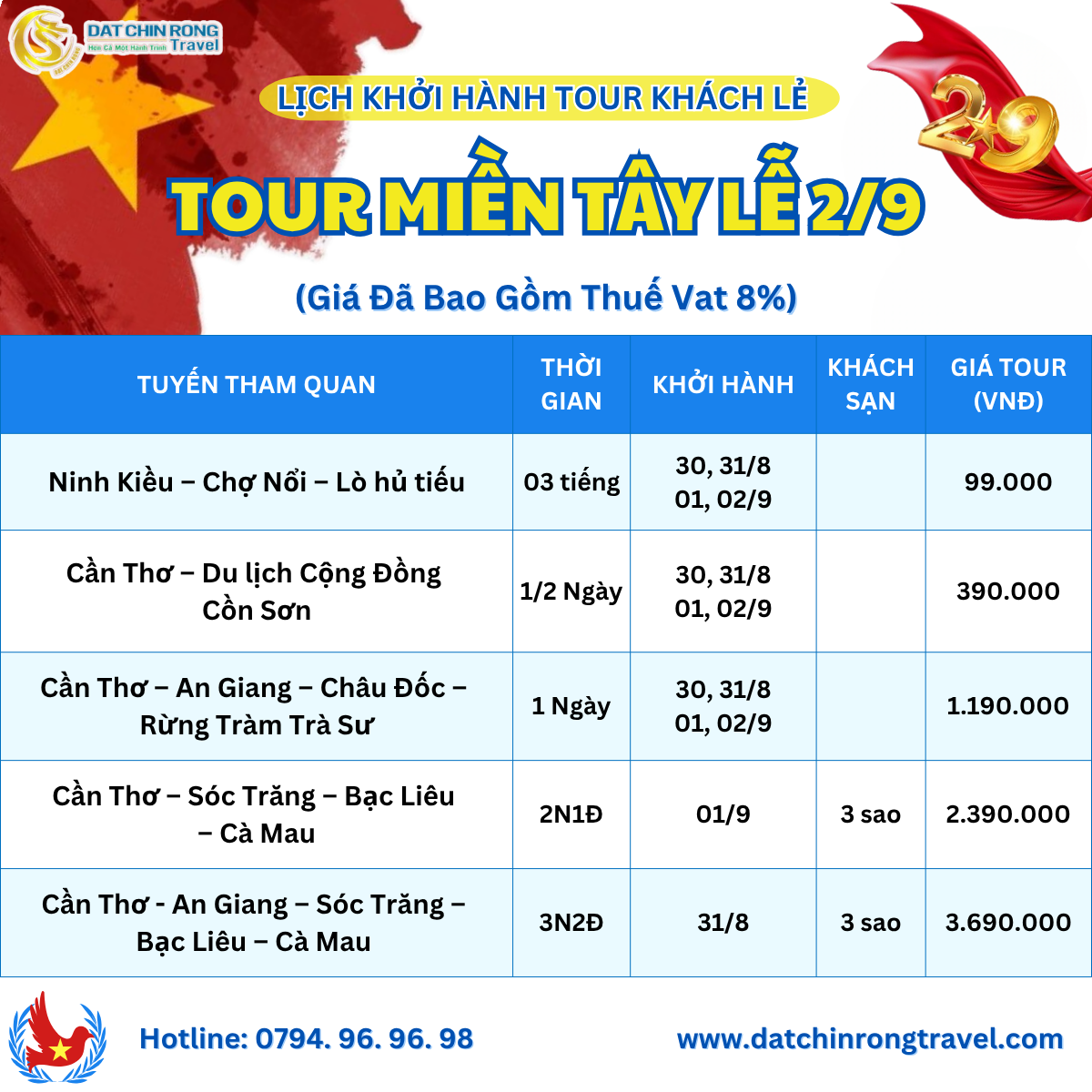 Lịch khởi tour miền từ cần thơ lễ 2/9
