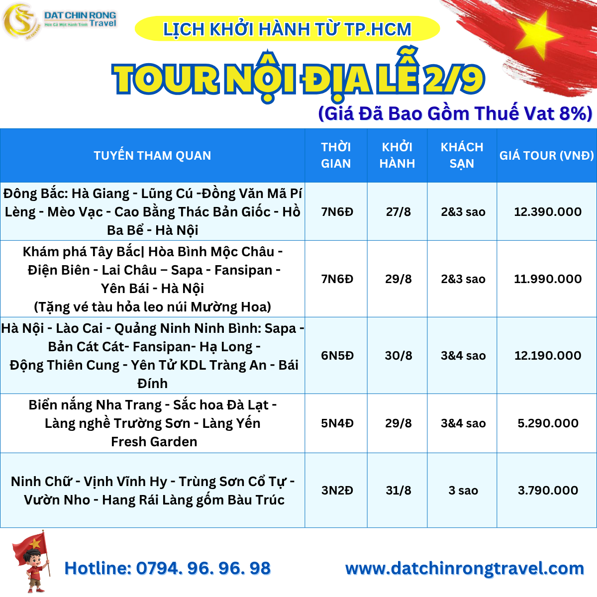 Lịch khởi tour nội địa từ TP.HCM Lễ 2/9