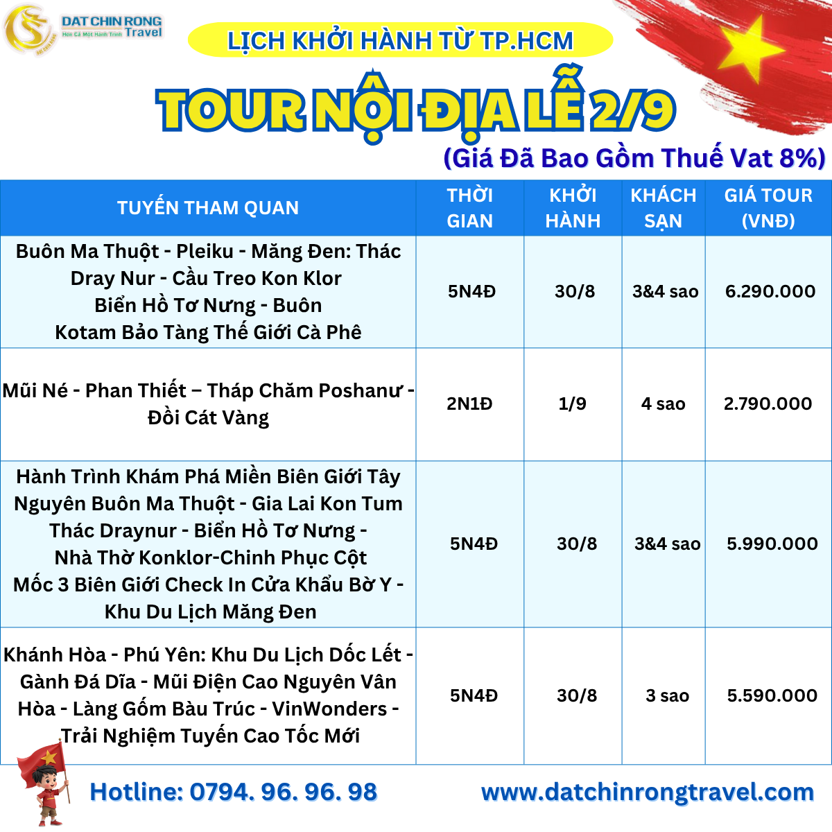 Lịch khởi tour nội địa từ TP.HCM Lễ 2/9