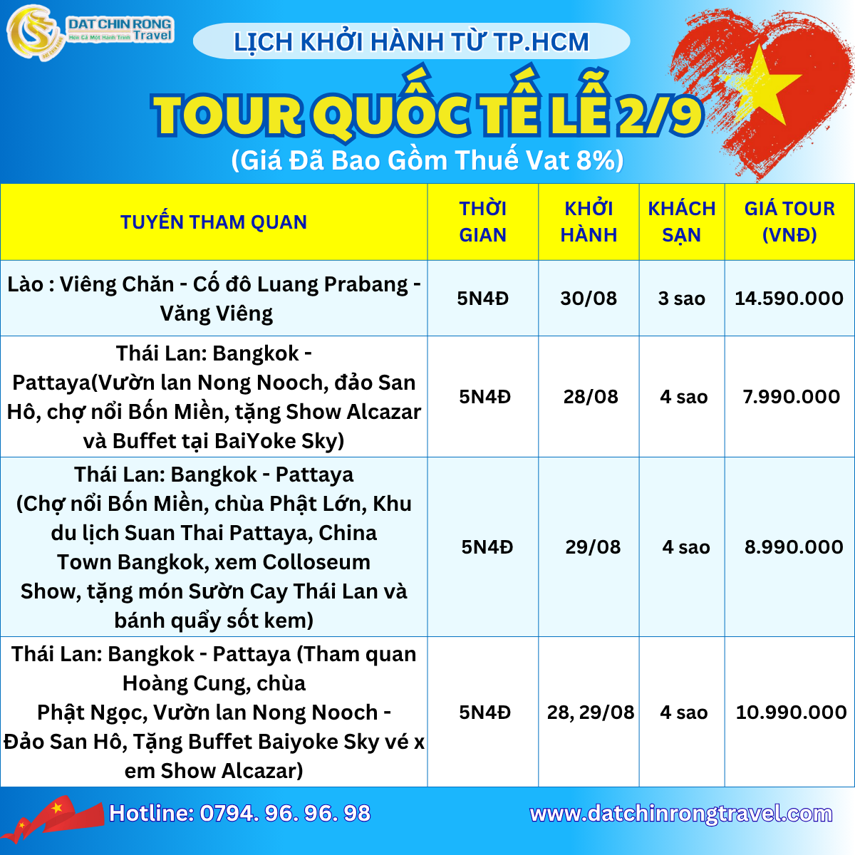 Lịch khởi tour Quốc Tế từ TP.HCM Lễ 2/9
