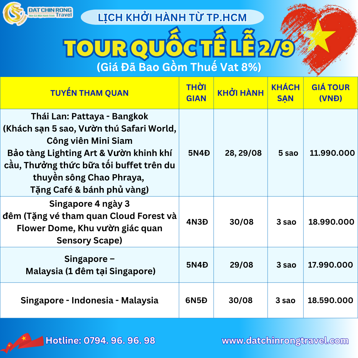 Lịch khởi tour Quốc Tế từ TP.HCM Lễ 2/9