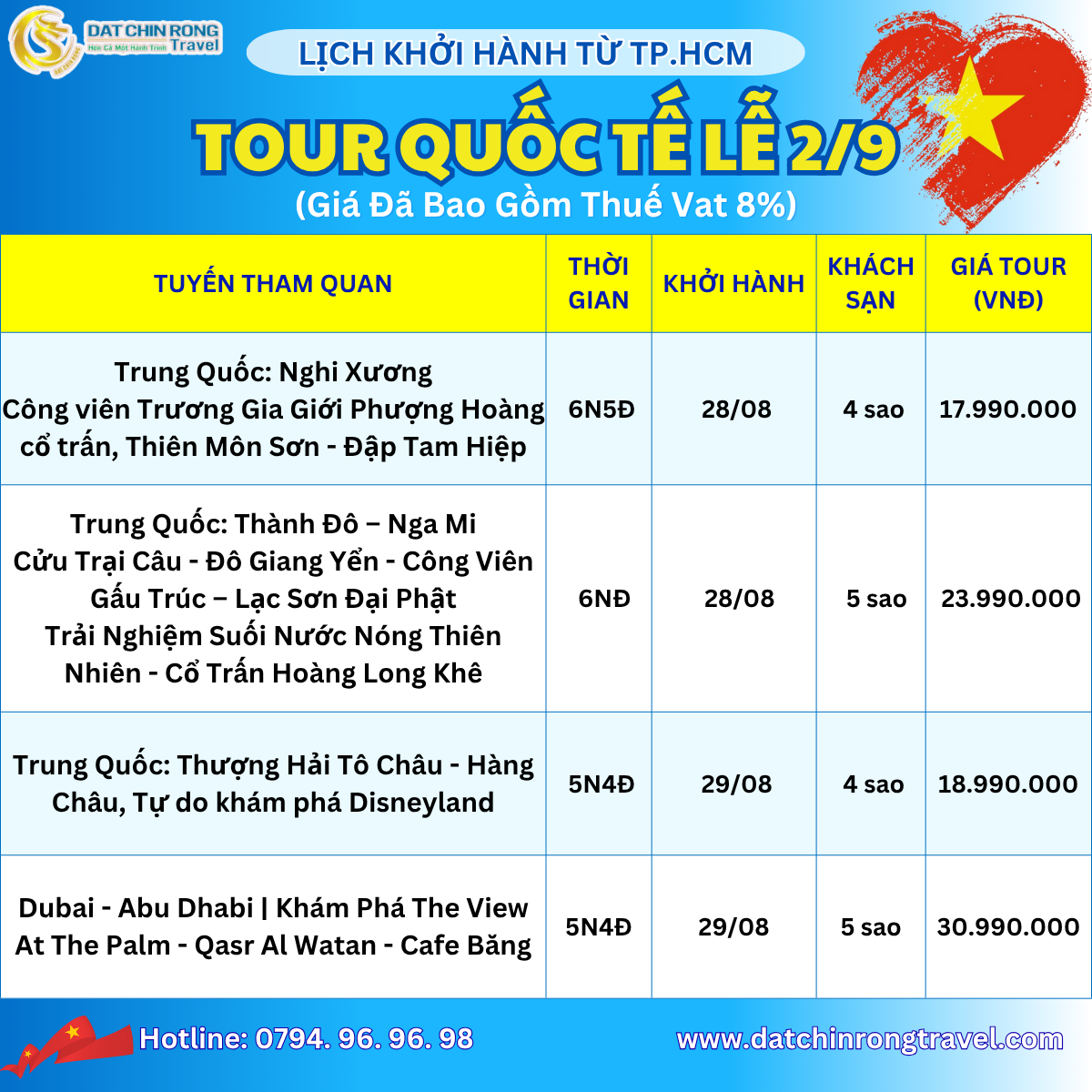 Lịch khởi tour Quốc Tế từ TP.HCM Lễ 2/9