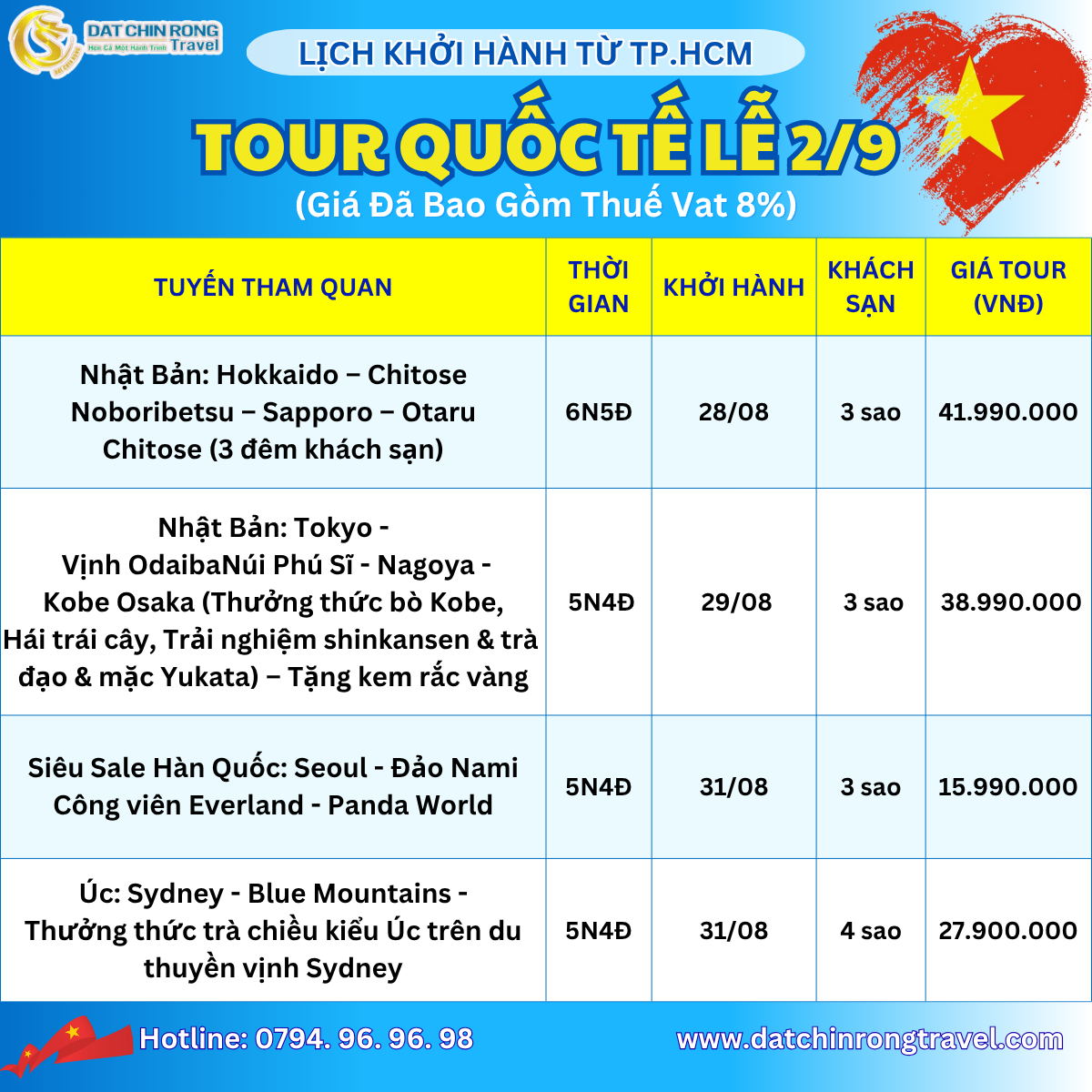 Lịch khởi tour Quốc Tế từ TP.HCM Lễ 2/9